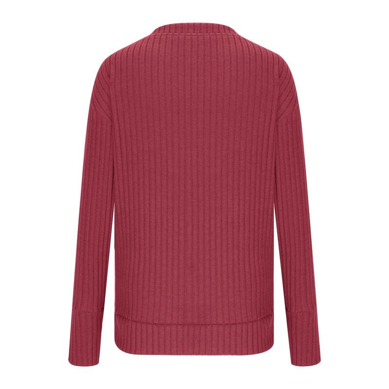 Maglietta da donna a maniche lunghe con scollo a V e lavorazione a coste in maglia spazzolata 2025_voghion.com