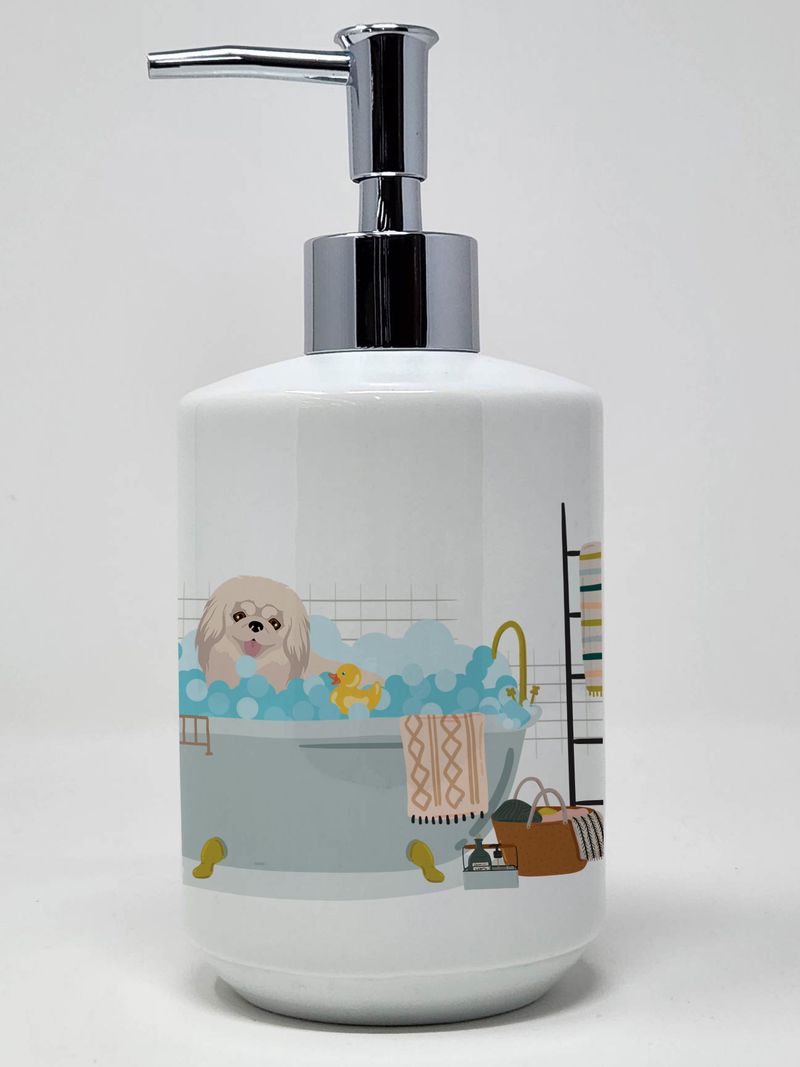 White Pekingese Ceramic Soap Dispenser Hand Soap Dispenser Pump Bottles for Bathroom Kitchen, Empty Refillable Liquid Soap Container_voghion.com