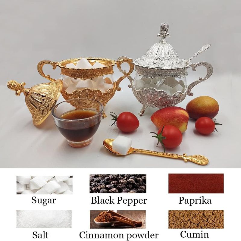 Sugar Bowl with Lid and Spoon,Metal&Glass Sugar Container for Sugar Cube and Powder Sugar,Spice Condiment Container,Salt Server_voghion.com