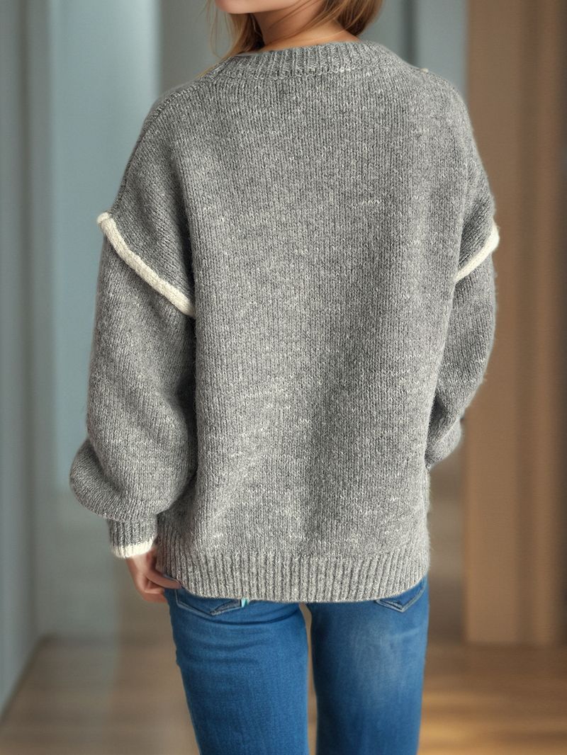 Pull en maille patchwork pour femme – Pull oversize à col rond et tissu épais et chaud (rose/gris/beige/kaki, S/M/L)_voghion.com