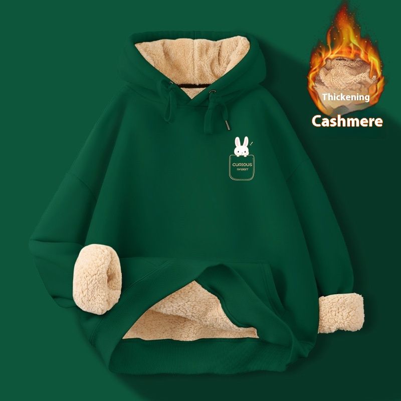 Hooded lamb shoulder black hooded sweatshirt for autumn winter, with thickened and extra thick one-piece fleece_voghion.com