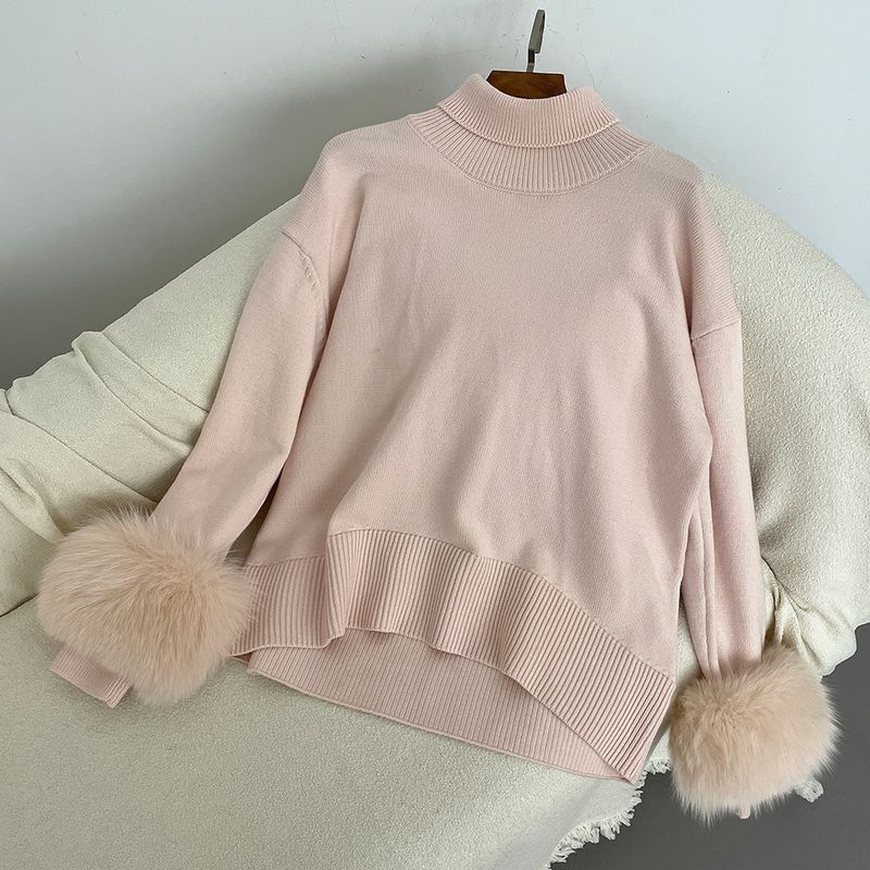 Damenbekleidung Heißer Verkauf Damen Herbst und Winter neuer verdickter hochgeschlossener lockerer Strickpullover mit abnehmbaren Manschetten aus echtem Fuchs_voghion.com