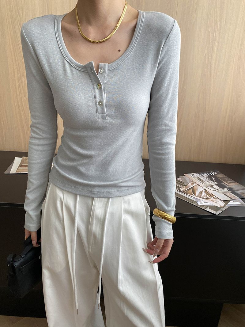 Women's Clothing Slim Fit Long Sleeve Henley Shirt With Button Placket - Breathable Cotton Blend, Casual & Office Wear_voghion.com