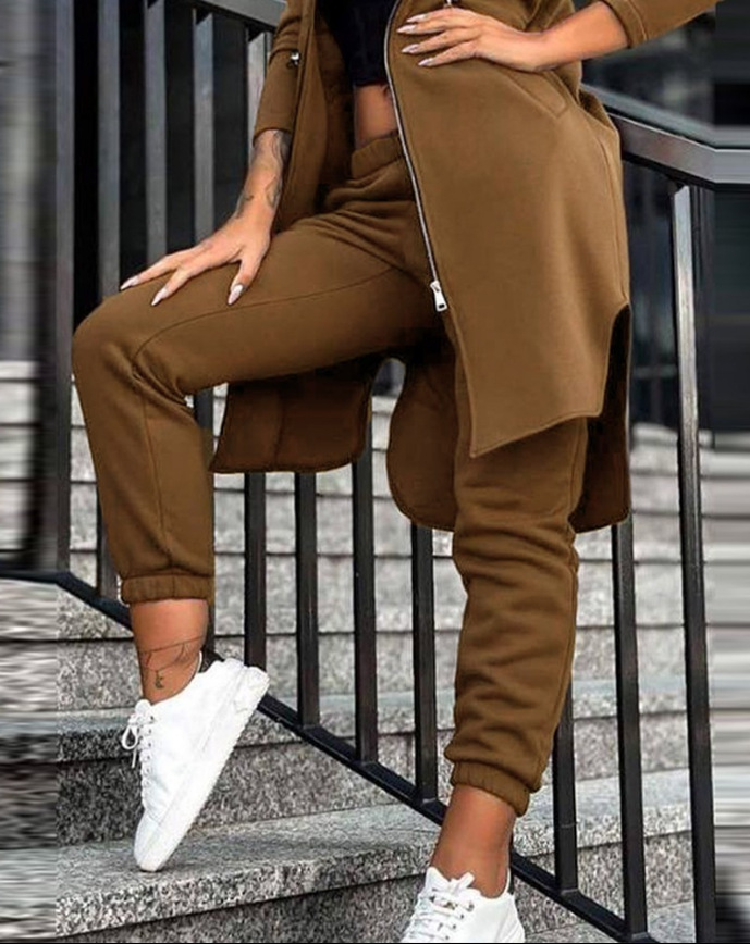 Zweiteiliges Set mit modischem, lässigem Kapuzen-Fleece-Hoodie-Mantel für Damen_voghion.com