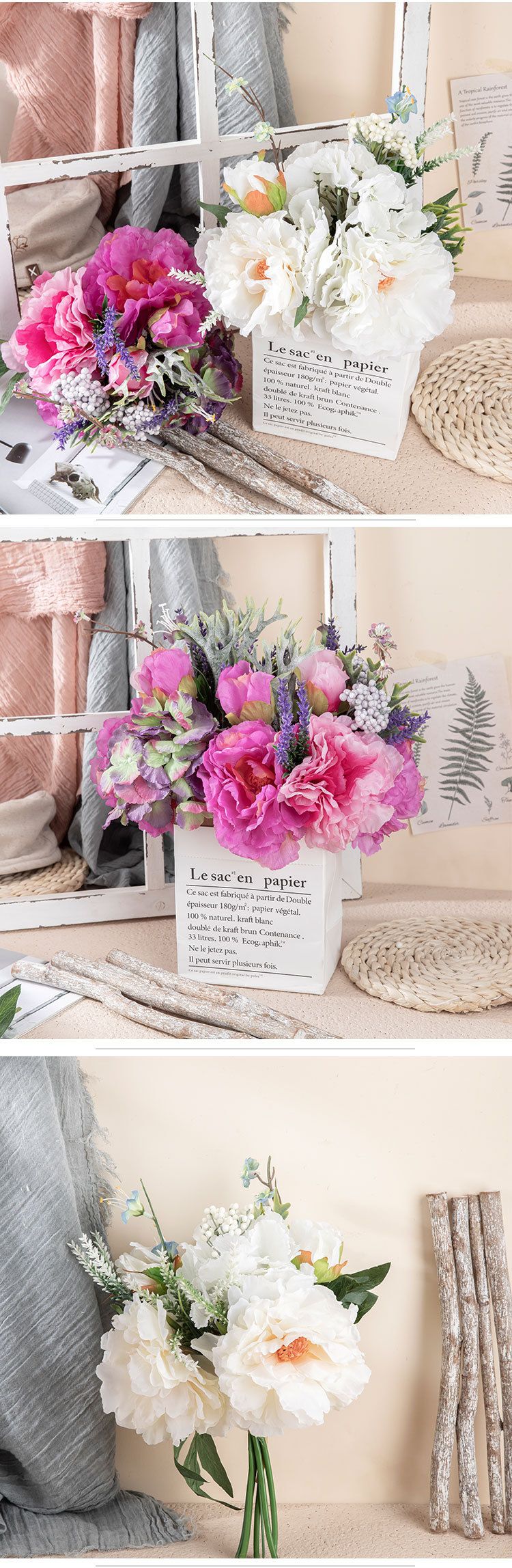 Fleurs pour l'exportation et la vente en gros Bouquets de pivoines et d'hortensias Fleurs artificielles pour le commerce extérieur Décorations de mariage pour la maison GF15501_voghion.com