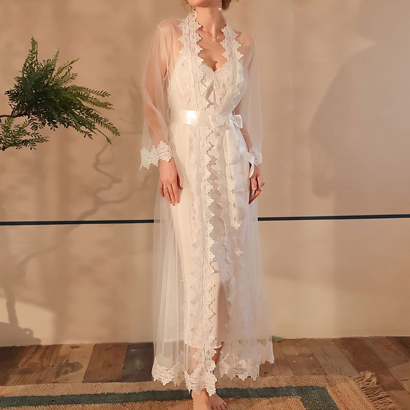 Pigiama con bretelle, camicie da notte, camicie da notte, set da due pezzi, pizzo a rete con fiori idrosolubili, abbigliamento da casa lungo_voghion.com