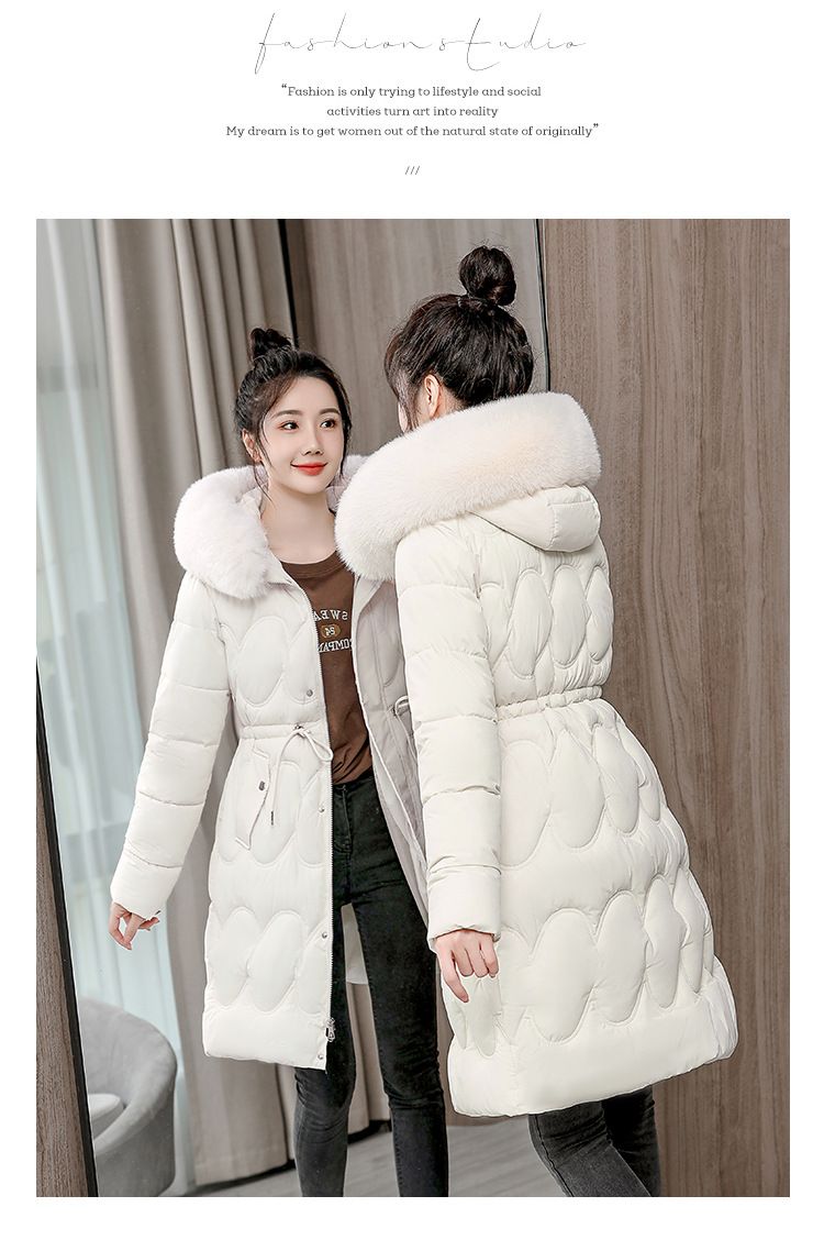 Mittellanger Puffermantel für Damen mit Kunstpelzkapuze – taillierte Taille und Plüschbesatz (Khaki/Schwarz/Creme/Pink/Grün)_voghion.com