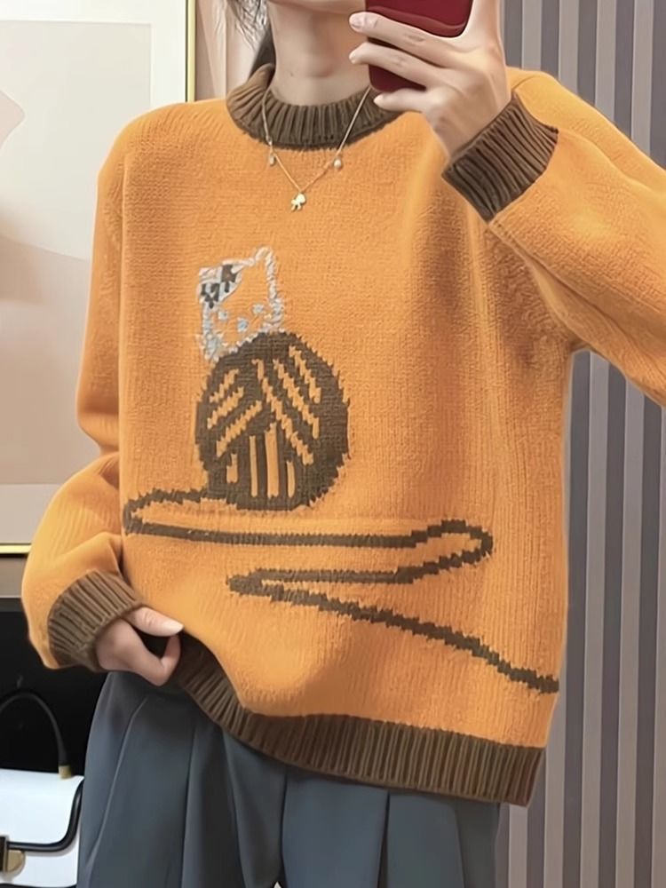 Pull tricoté à col rond pour chat, design paresseux à la mode pour réduire l'âge, automne et hiver, nouveau haut haut de gamme à base épaisse_voghion.com