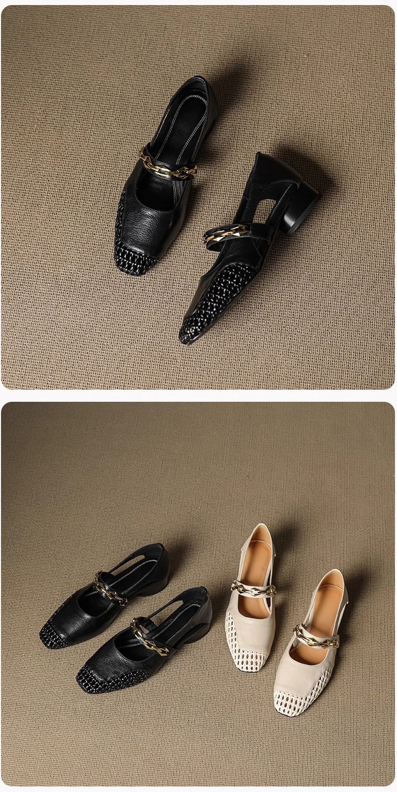 Sandali alla moda con punta quadrata, tacco spesso, fibbia in metallo cavo, stile primavera e autunno 2025, in morbida pelle intrecciata a rete_voghion.com