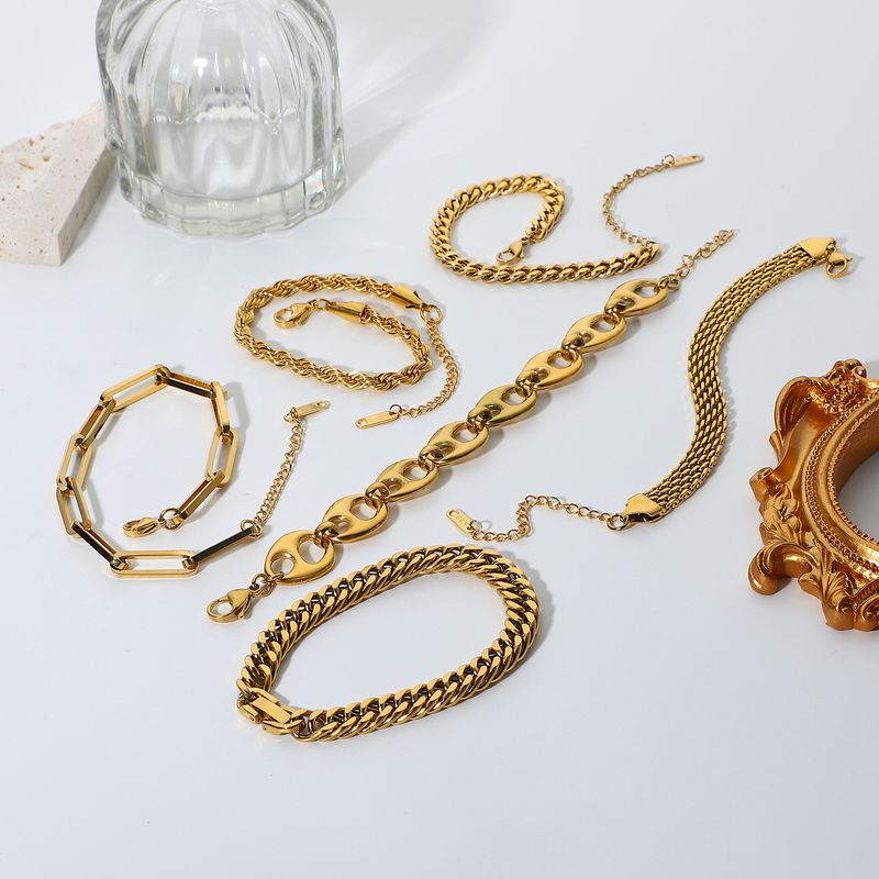 Conjunto de joias estilo INS Miami Cuban Chain Flat Snake Fold Pulseira de aço inoxidável banhada a ouro para mulheres_voghion.com