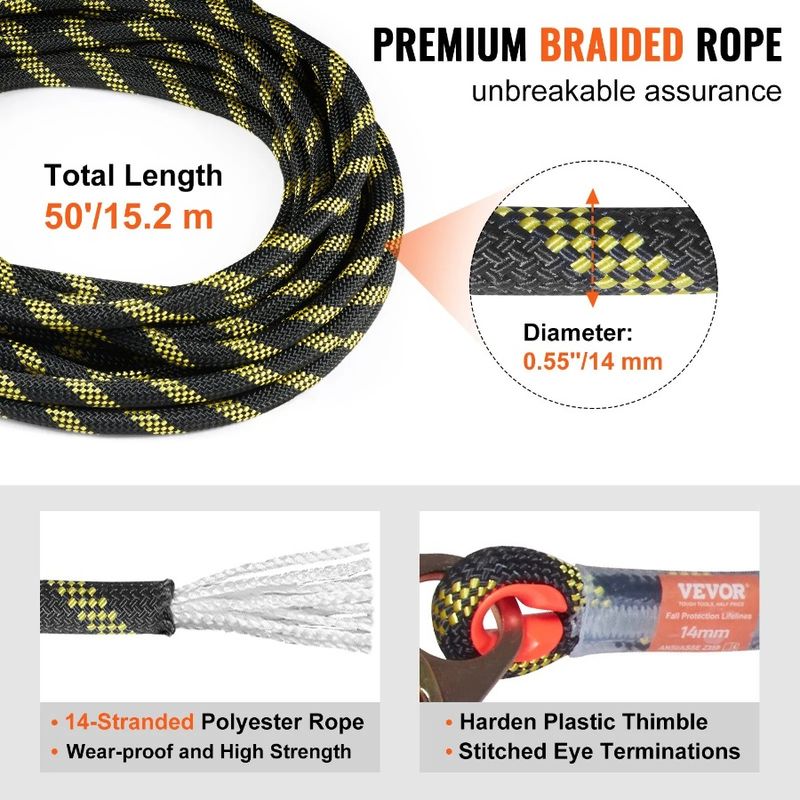 Sna Fall Tension Vertical 50' 30 Polyester X Assembly Protection KN Roofing With 0.55'' Rope Breaking Rope Lifeline With Steel_voghion.com