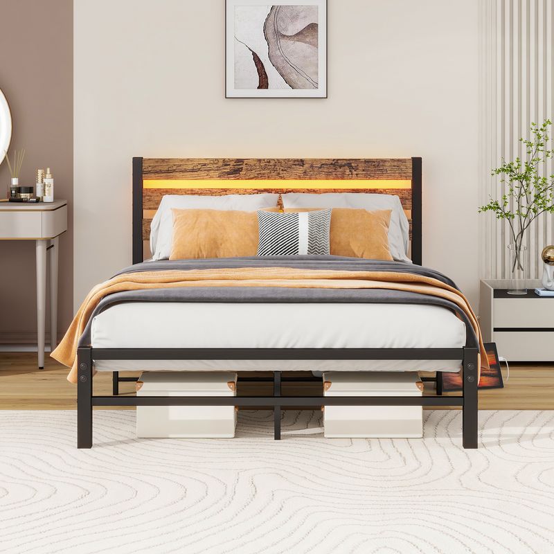 Bettgestell 120x200cm mit Kopfplatte, USB, LED, Stahlunterstützung_voghion.com