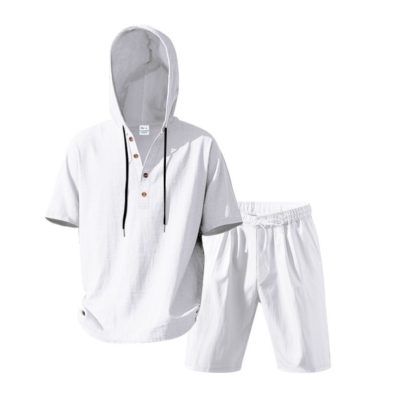 Completo da uomo in lino con camicia e pantaloncini - Completo casual estivo da spiaggia a maniche corte con vestibilità ampia_voghion.com