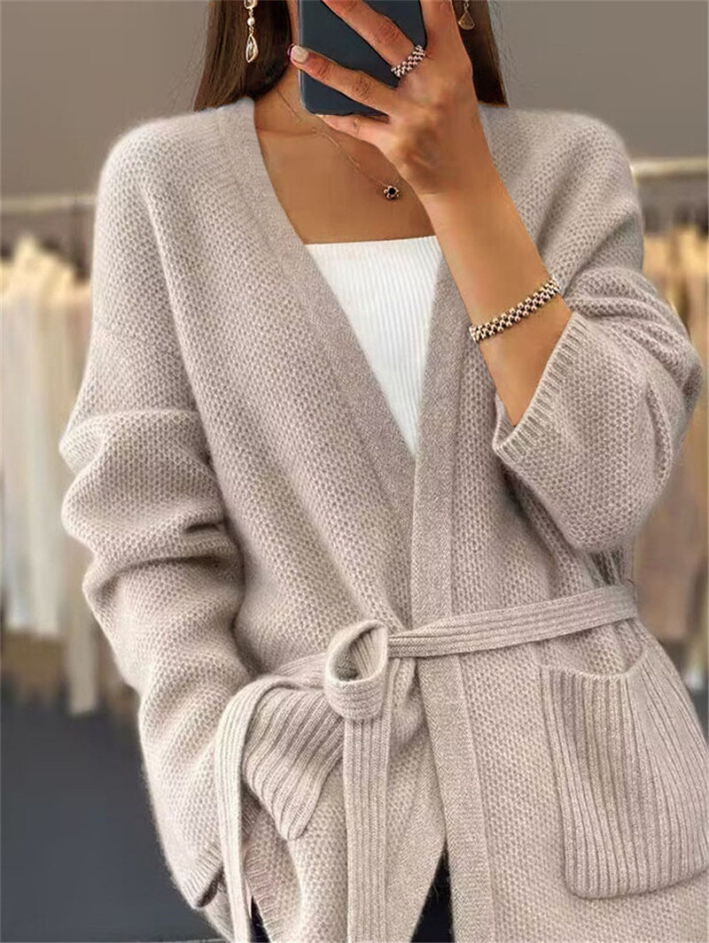 Women's clothing women's thickened solid color lace-up knitted cardigan loose pocket sweater jacket_voghion.com