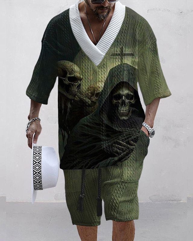 Roupas masculinas tecnologia xadrez estampa tamanho grande ombro caído malha manga curta shorts terno_voghion.com