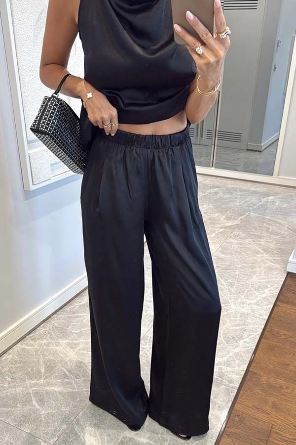 Completo da donna con pantaloni larghi e senza maniche in raso - Completo casual da due pezzi per le vacanze estive e l'uso quotidiano (colori multipli)_voghion.com