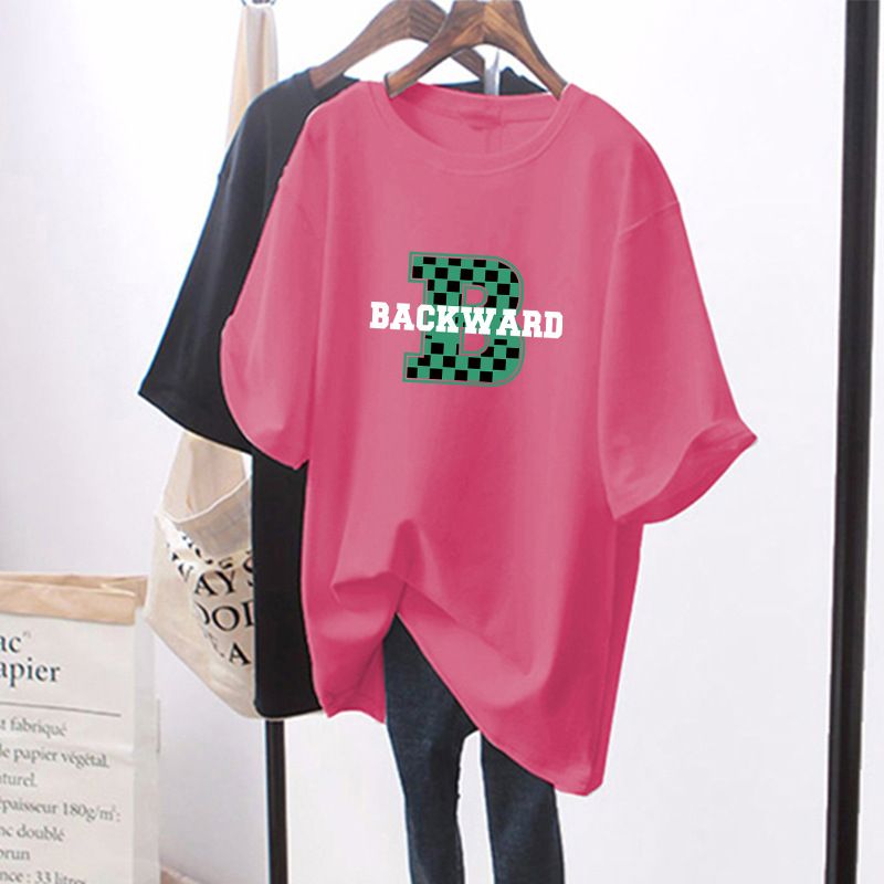 Dametøj Hvid T-shirt med korte ærmer, bogstaver, dame, stor version, løs, studerende, mellemlang, lang top_voghion.com