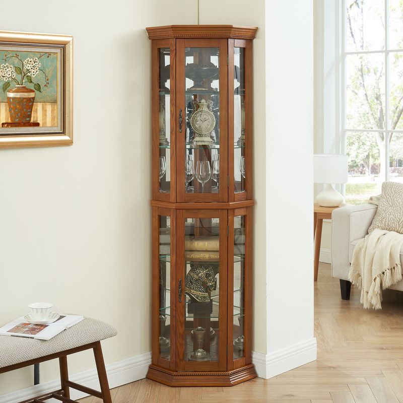 Corner Curio Cabinet Lighted Corner Display, Glass Display Shelf Shelving Bar Cabinet With Tempered Glass Door, Bar Cabinet,Cabinet With Adjustable Shelf Glass Cabinet Shelves Bead Bulb Included_voghion.com