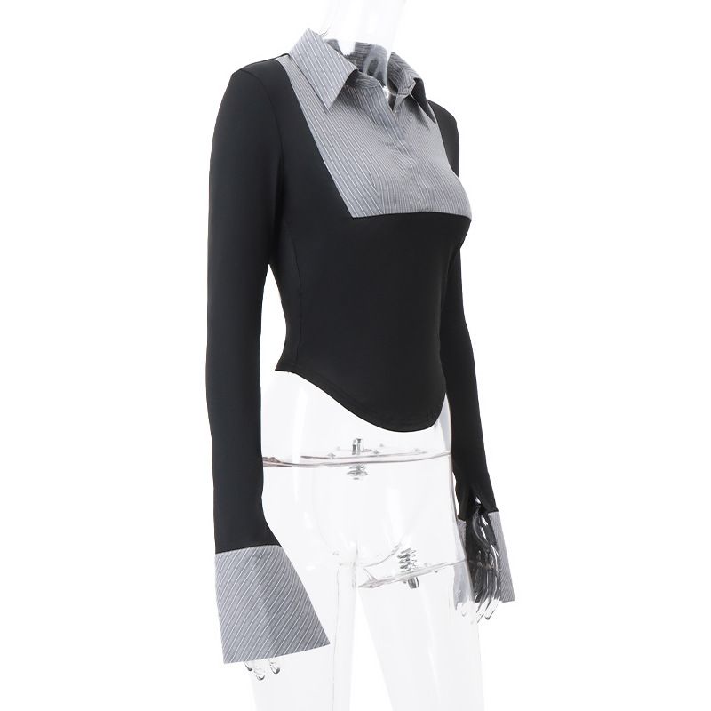Women's Fashion Color Block Striped Polo Collar Long Sleeve Top – Retro Chic Slim Fit Blouse For Stylish Outfits_voghion.com