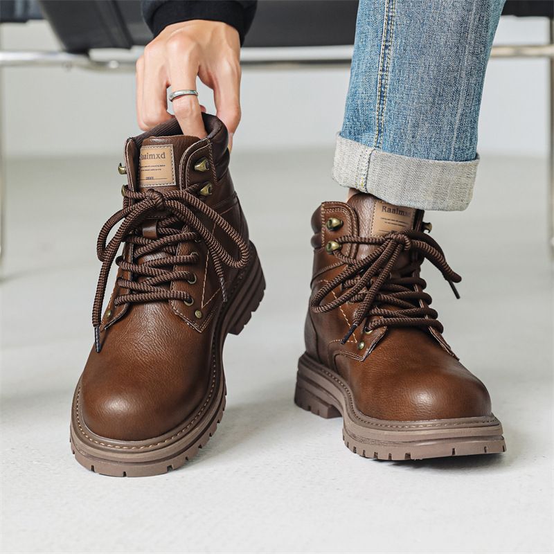 Men's Retro Tooling Boots High-top Short Boots Thick-soled Heightening Martin Boots American Retro Leather Boots_voghion.com