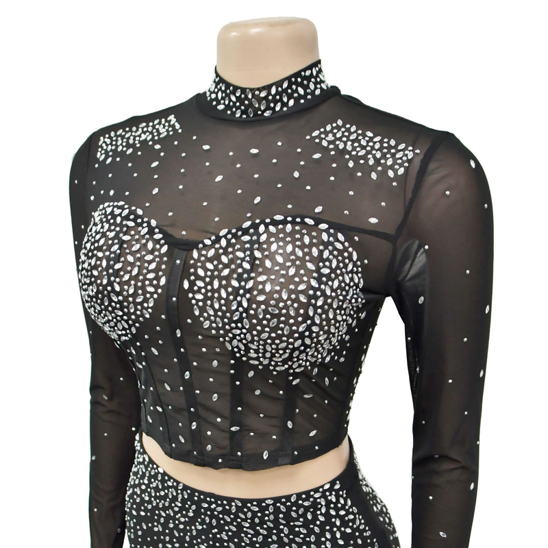 Conjunto de duas peças de calças de manga comprida de diamante quente de malha de cor sólida feminina_voghion.com