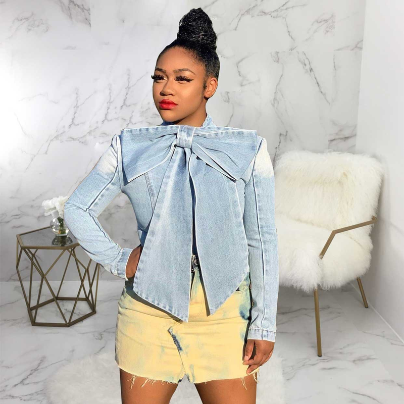 Top cappotto in denim a maniche lunghe da donna alla moda sexy_voghion.com
