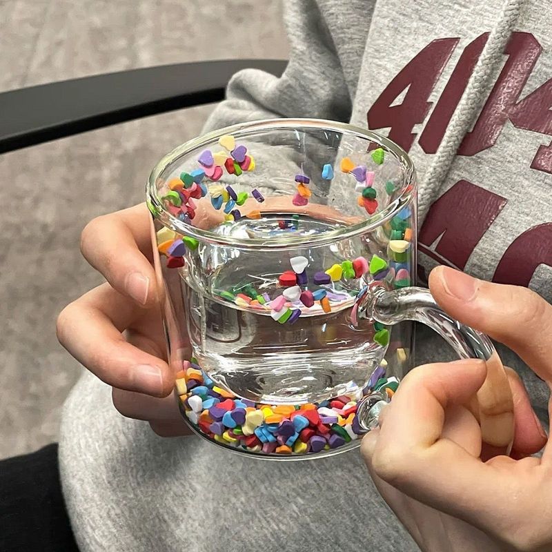 Ins High-Value Cute Glass Heart Milk Household Flowing Sand Double-Layer Creative Water Cup Mug_voghion.com
