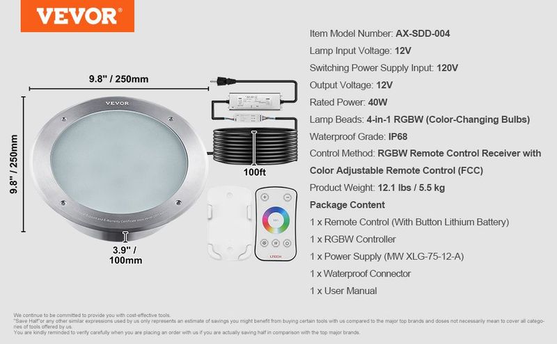 VEVOR 120V AC LED Pool Light, 10in 40W, RGBW Color Changing Inground Swimming Pool Spa Light Underwater, With 100 FT Cord Remote Control, Fit For 10 In Large Wet Niches, IP68 & Tested To UL Standards_voghion.com