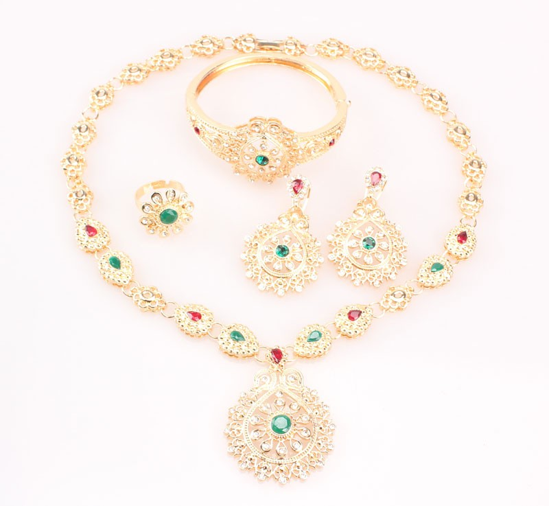 Klassische Schmucksets Halskette Ohrringe Armreif Ring Set Gold Farbe Grün Kristall Braut Hochzeit Zubehör für Frauen_voghion.com