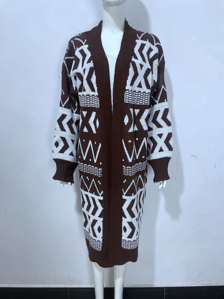 Damen-Strickjacke, mittellanger, lockerer, geometrischer, übergroßer Mantelpullover_voghion.com
