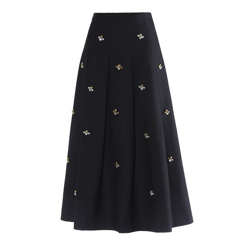 Gonna lunga a vita alta con cristalli ispirata – Elegante abito midi plissettato elasticizzato (S-XL, primavera/estate)_voghion.com