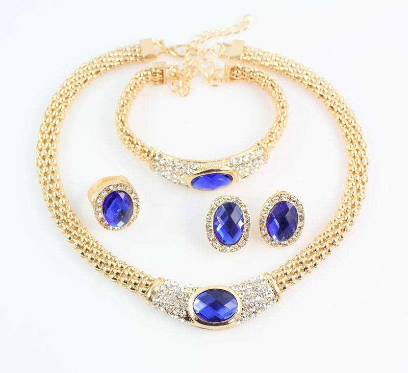 Feestaccessoires voor dames Bruiloft Blauwe edelsteen hanger kristallen ketting oorbel armband ring sieradensets_voghion.com