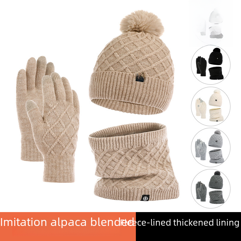 Unisex mössa, hals, handskar, stickad mössa, utomhus med sammetsvärme, ullboll, förtjockad ullmössa, 3-delat set_voghion.com