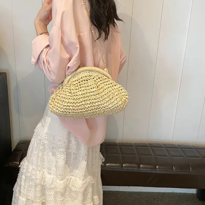 Borsa da donna in paglia intrecciata con tracolla a catena, grande capacità, elegante, a tracolla, tinta unita, per spiaggia estiva, 250614l_voghion.com