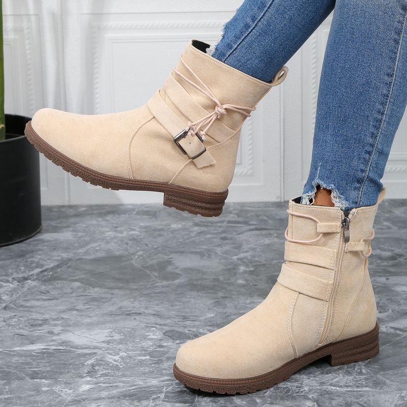Short Booted Women's 2023 Autumn/winter New Round Head Martin Boots Side Zipper Belt Buckle Women's Boots_voghion.com