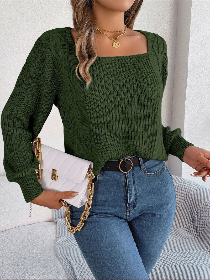 Maglione pullover casual in maglia a trecce con maniche a lanterna, scollo quadrato, tinta unita, autunno inverno 2024_voghion.com