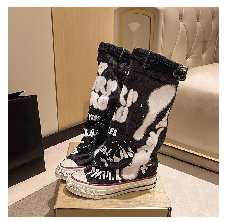 Damenschuhe Stiefel Damen Retro Flache Graffiti Wadenhohe Stiefel Sexy Große Mode Pile Stiefel_voghion.com