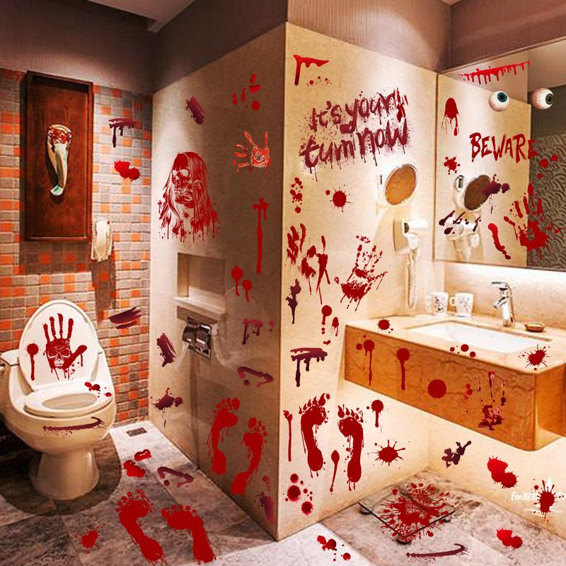 Manchas de sangre de Halloween Pegatinas de ventana eléctricas estáticas Vidrio del baño Manchas de sangre Huellas de manos Huellas de calaveras_voghion.com