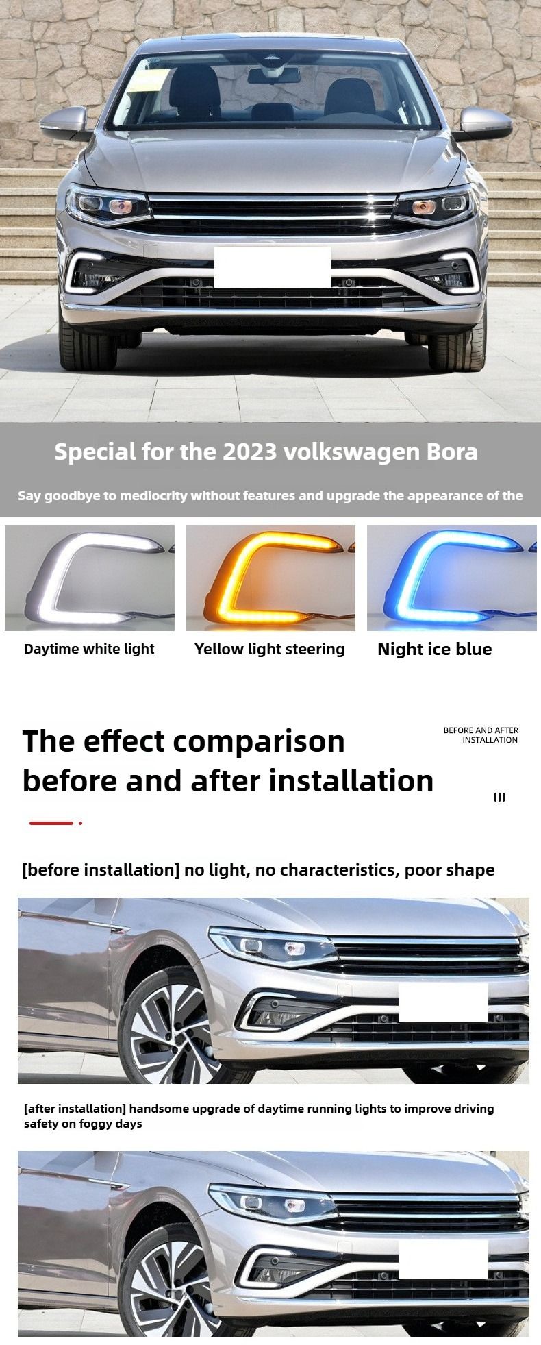 For Volkswagen VW Bora 2023 2024 2Pcs LED Daytime Running Light Daylights With Dynamic Turn Signal DRL Front Bumper Fog Lamp_voghion.com