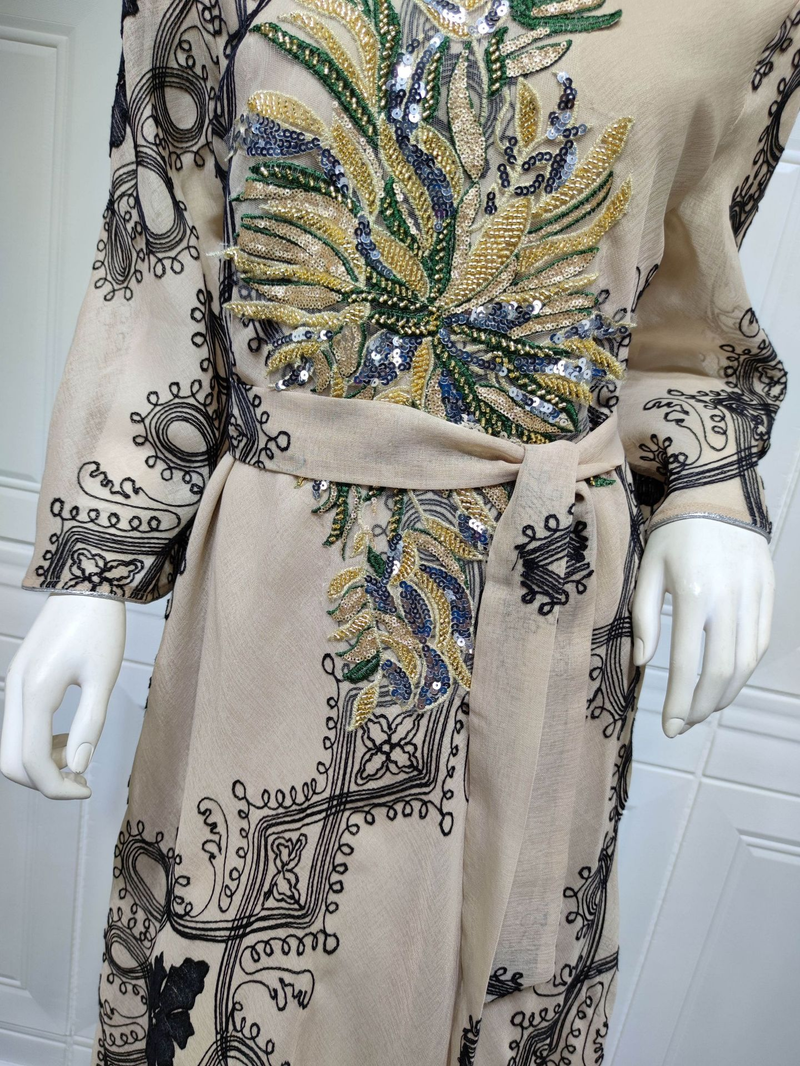 Női ruha, abaya, muszlim etnikai stílusú, gyöngyös, virágos, nagy szoknyájú estélyi ruha_voghion.com