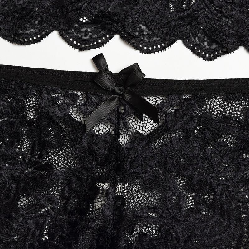 Women's Intimates New Bow Deep V Jacquard Two Piece Sexy Lingerie_voghion.com