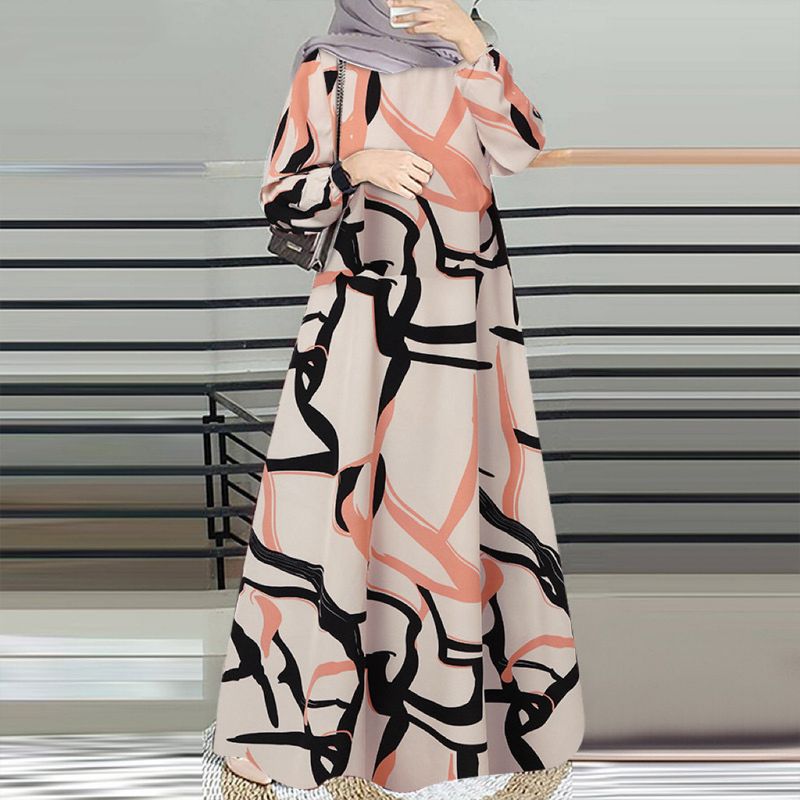 Abbigliamento da donna Abito musulmano malese mediorientale Abito a maniche lunghe con scollo rotondo Gonna lunga_voghion.com