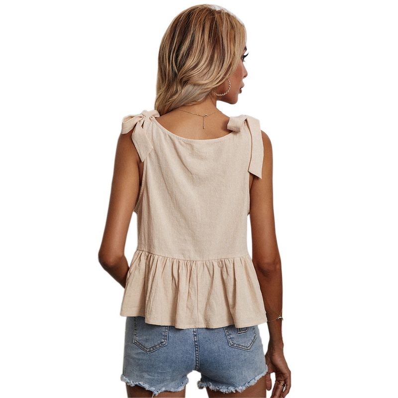 2023 T-shirt ampia e versatile da donna con cinturino al collo a U Canotta con cinturino dritto in cotone e canapa_voghion.com
