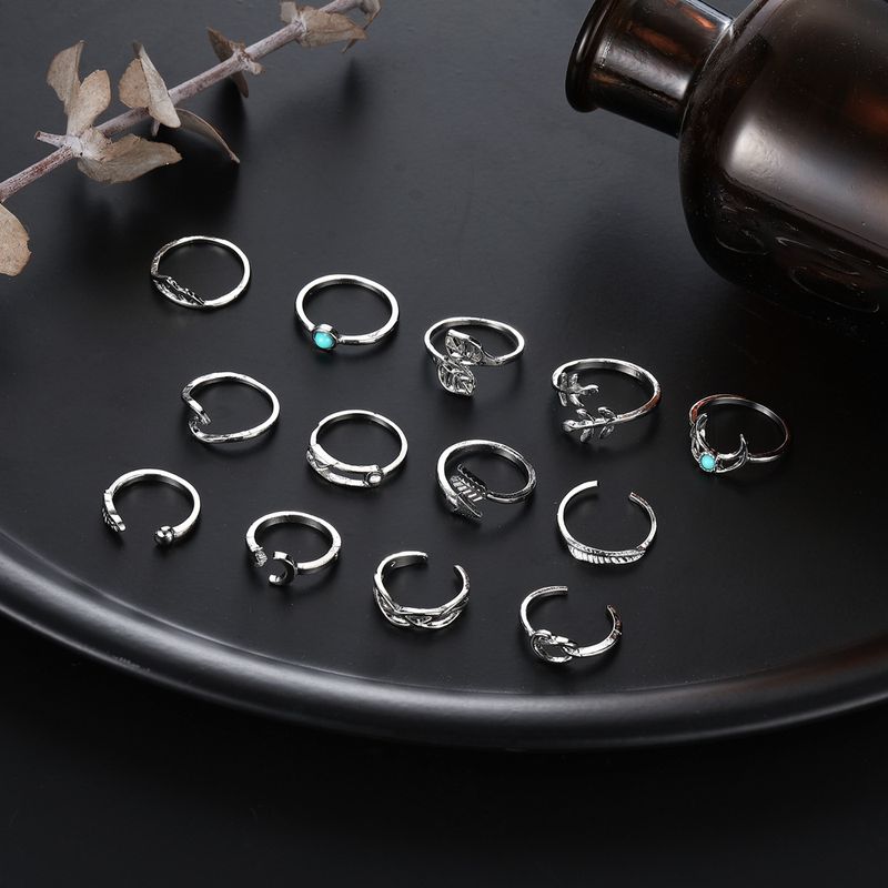 New Bohemian Leaf Moon Arrow Turquoise 13 Piece Set Ring_voghion.com