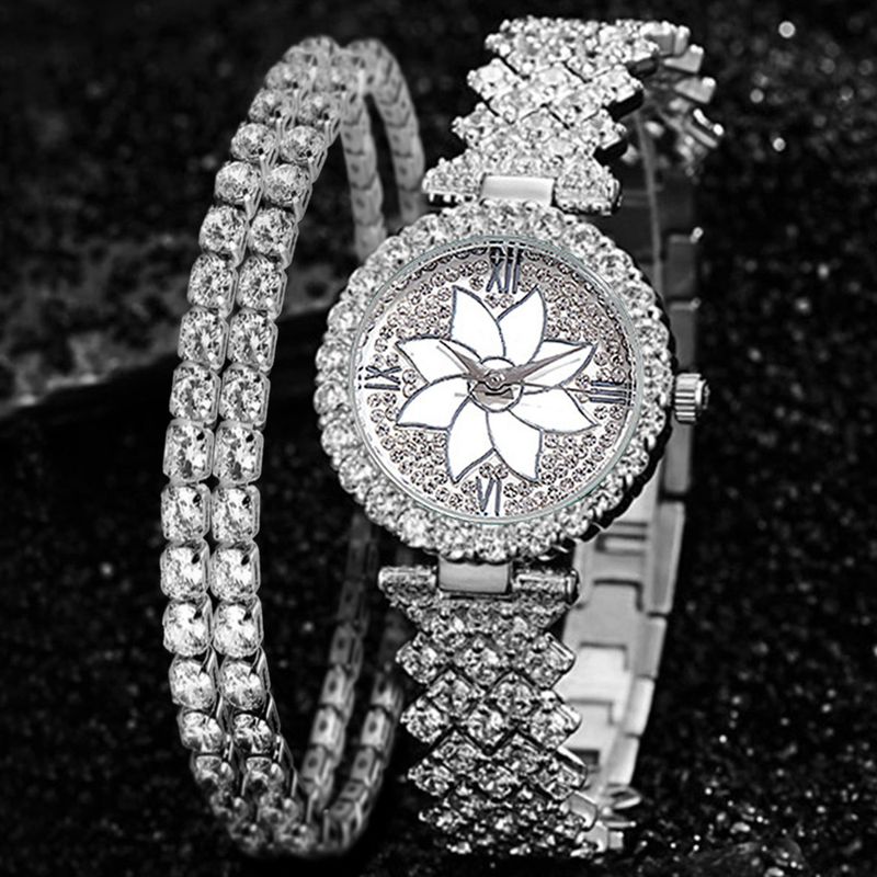 Dame armbåndsur sæt diamantbesat baby's breath armbåndsur + armbånd gavesæt til kvinder_voghion.com