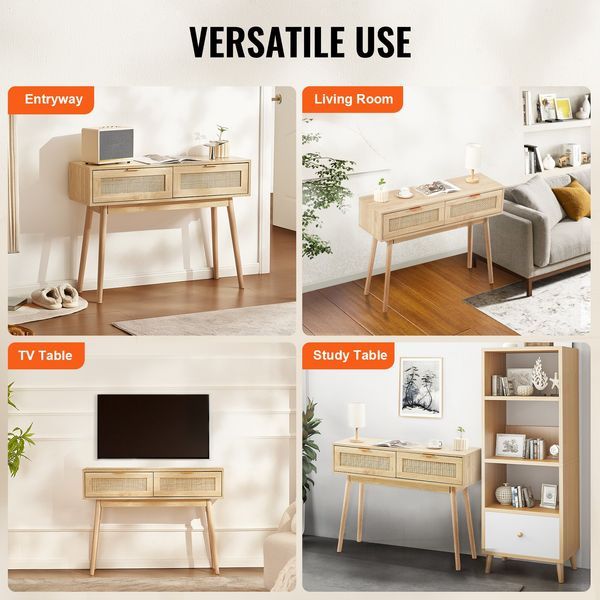 Rattan Console Table With 2 Storage Drawers Rattan Sliding Door Natural_voghion.com