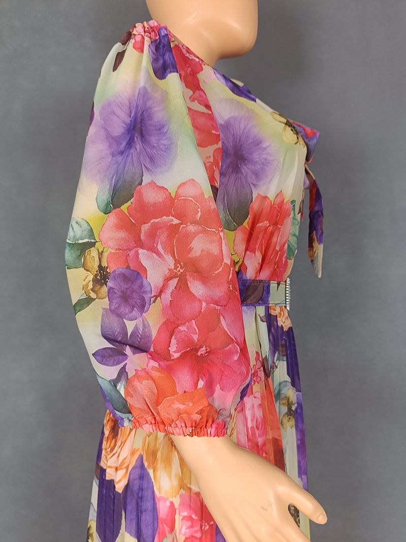 Women's Clothing Scarf Collar Temperament Puff Sleeve Waist Print Design Dress_voghion.com