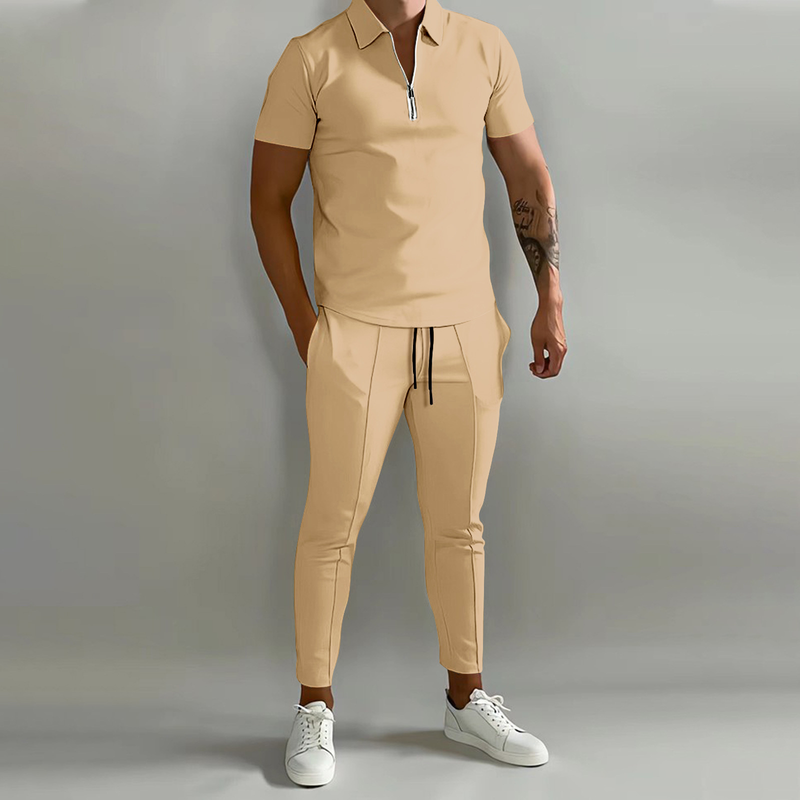 2024 Nieuwe 3D-geprinte effen polobroek met korte mouwen, casual set voor heren_voghion.com