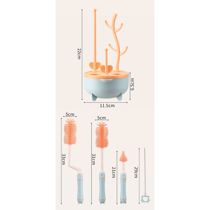 Set portatile 6 in 1 per la pulizia dei biberon con scolapiatti, 2 spazzole in silicone per biberon, spazzola con cannuccia, spazzola per capezzoli e scatola portaoggetti_voghion.com