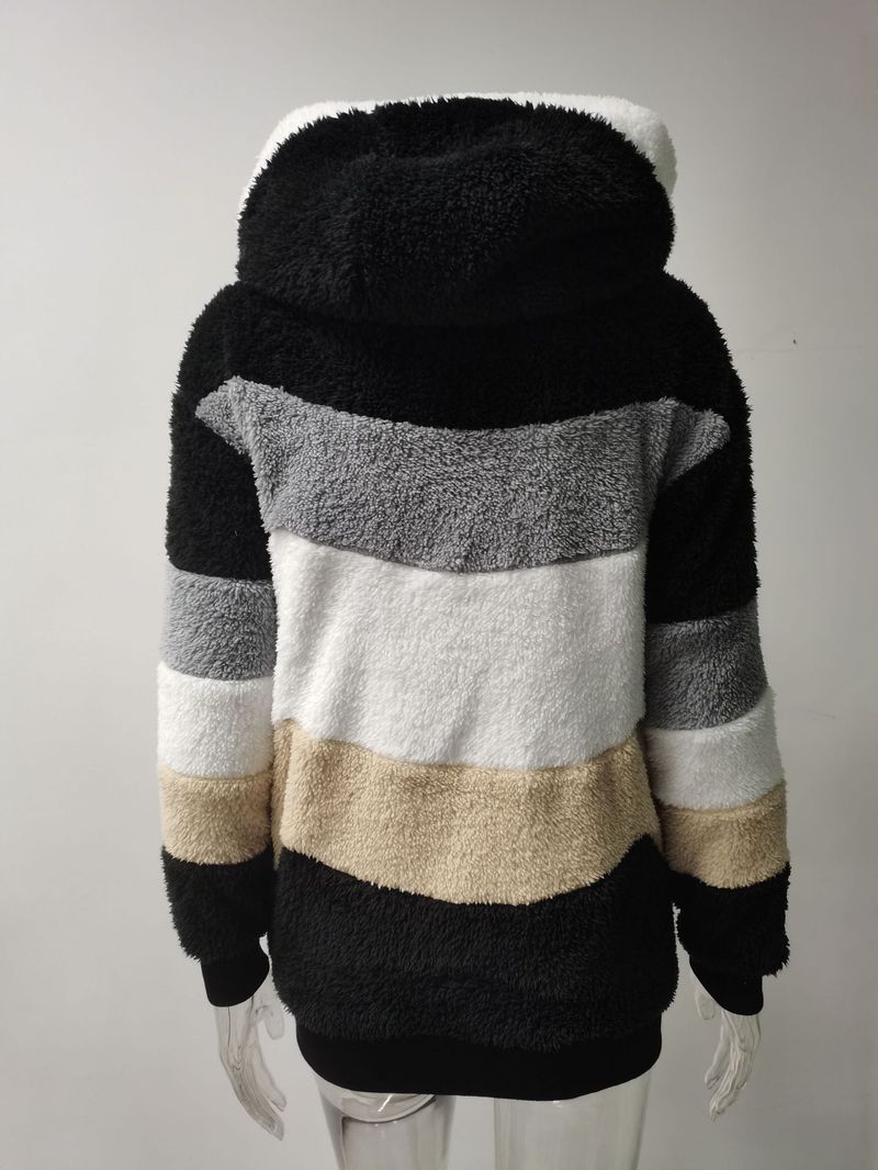 2025 Autumn Winter Warm Plush Patchwork Zipper Pocket Hooded Loose Coat For Women_voghion.com